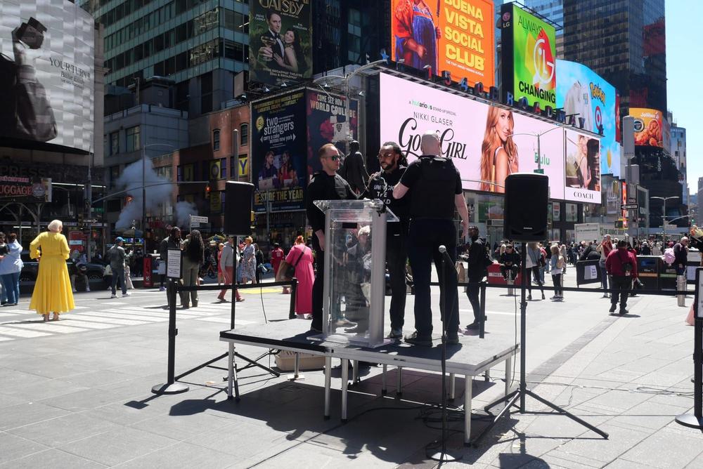 Tania Bruguera, “Tatlin’s Whisper #6” in Times Square on April 30, 2026
