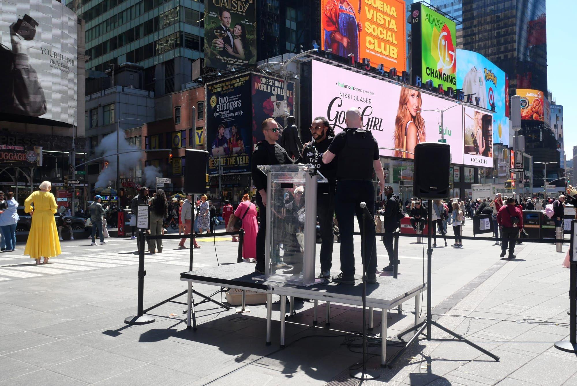 Tania Bruguera, “Tatlin’s Whisper #6” in Times Square on April 30, 2026